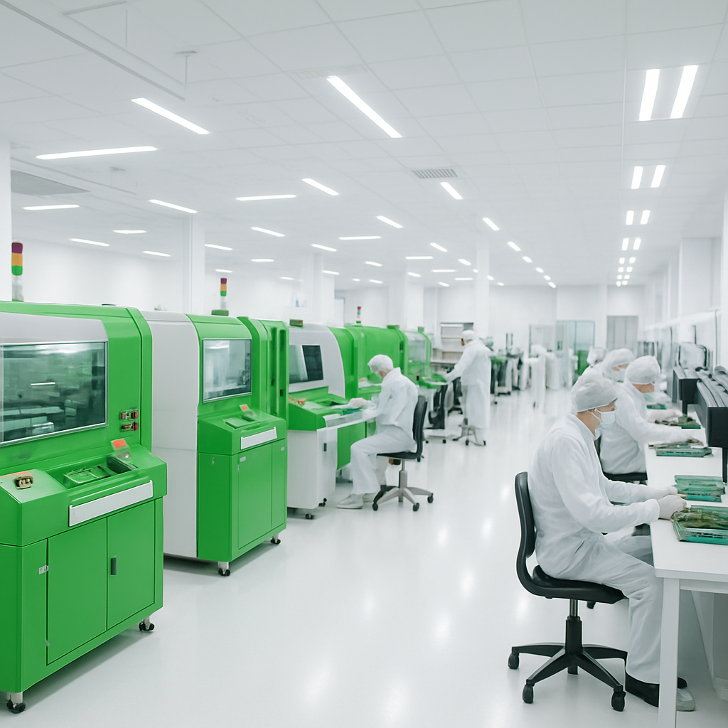 Bright modern PCB manufacturing facility with green production equipment